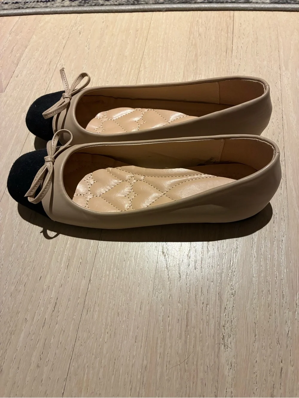 Two-Tone Nude and Black Ballet Flats with Bow